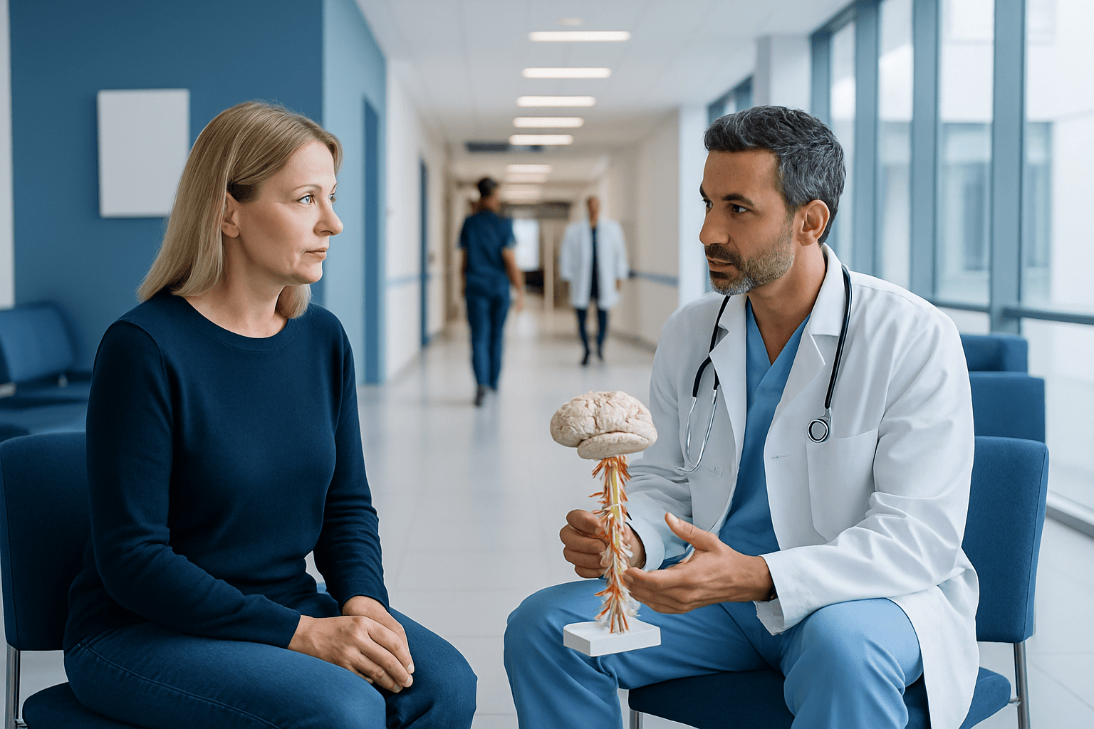 Doctor explaining nerve damage to a patient with brain model in hospital corridor.