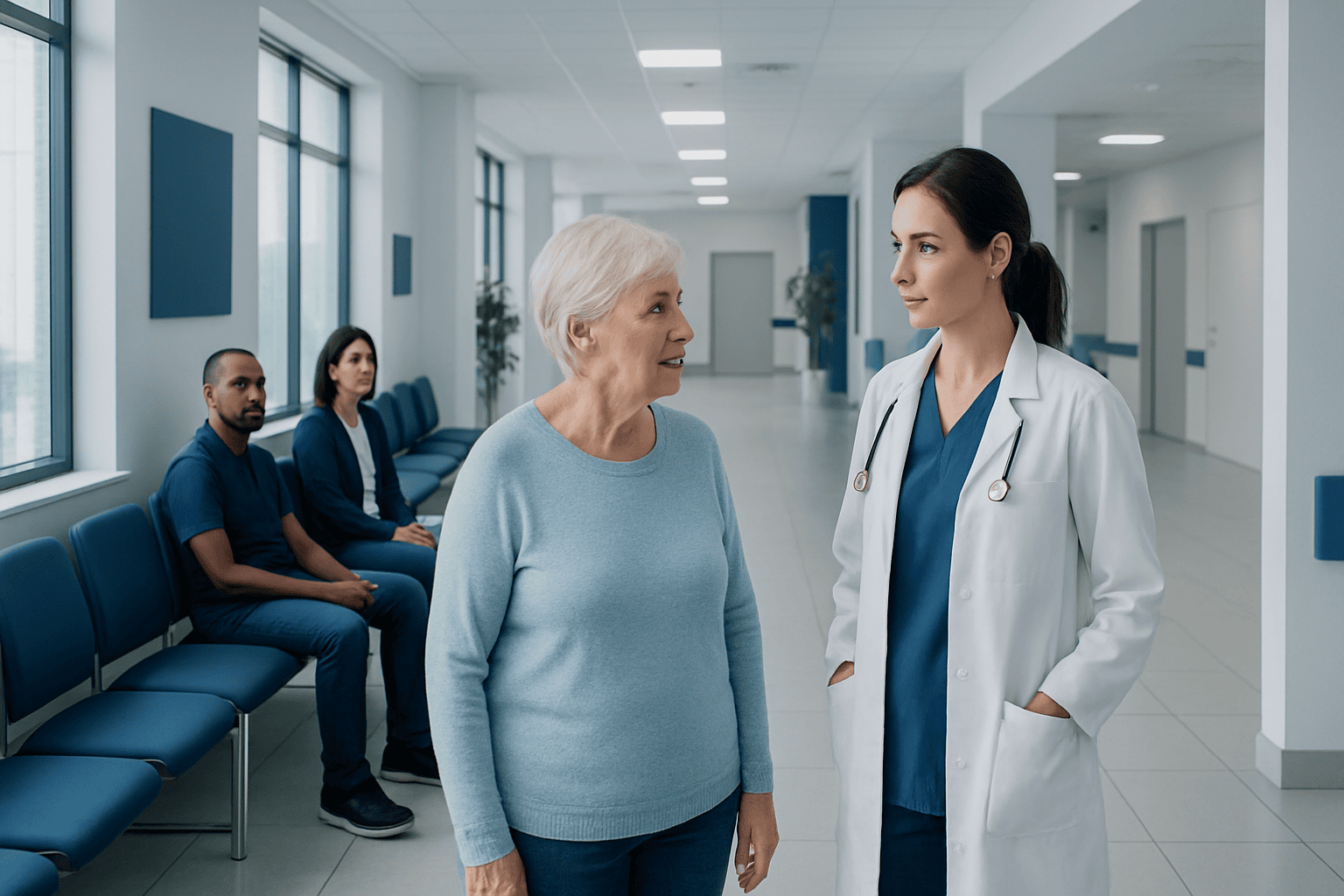 Doctor talking to elderly woman in hospital corridor with waiting patients.