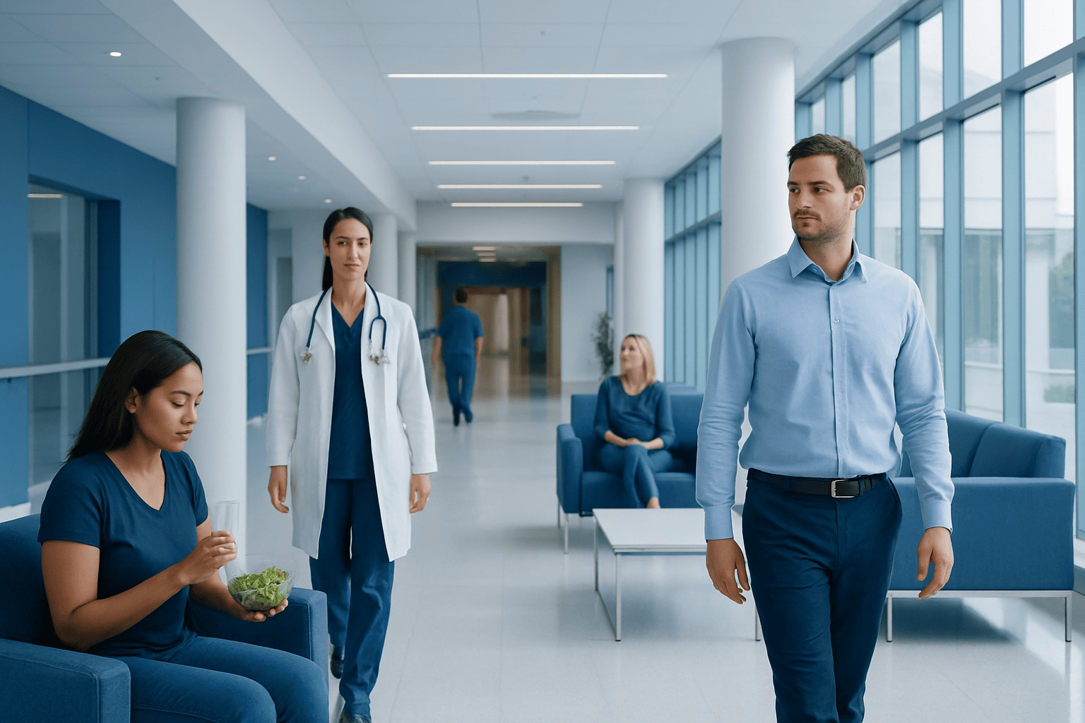 Healthcare professionals and patients in a modern hospital corridor.