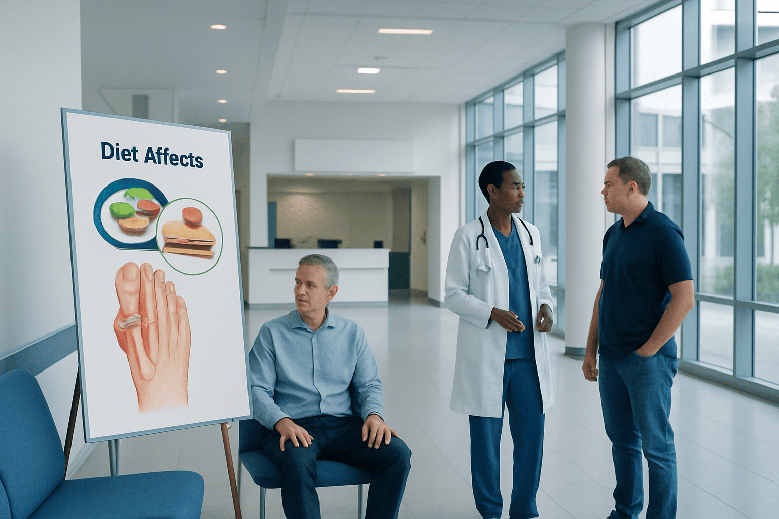 Doctor explaining diet effects to patient in hospital corridor.
