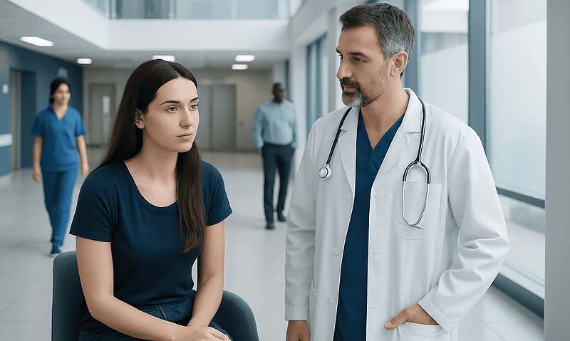 Doctor consulting young woman in hospital corridor with staff in background.