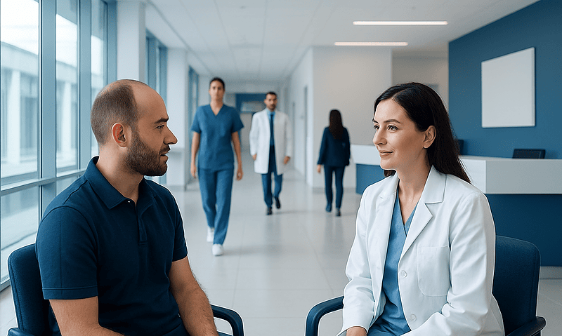 Patient consulting with doctor in modern hospital corridor.