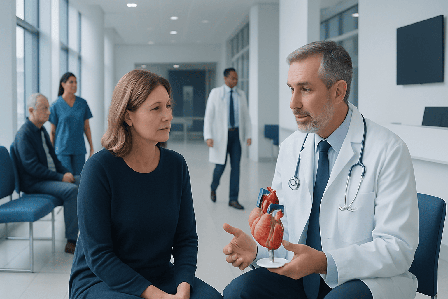 Cardiologist explaining heart health to a patient in a hospital corridor.
