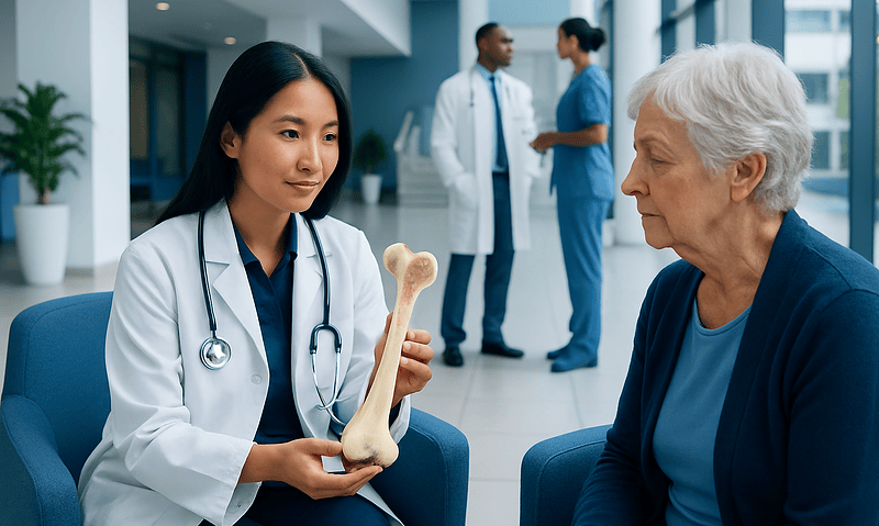 Doctor explains bone health to elderly woman in hospital setting.