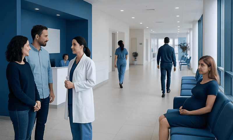 Pregnant woman waiting in hospital corridor with medical staff and visitors.