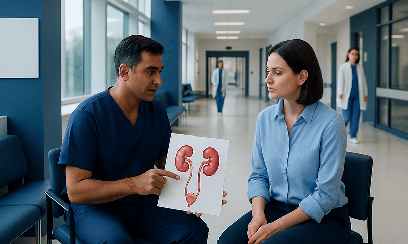 Doctor explaining kidney health to patient in hospital corridor.
