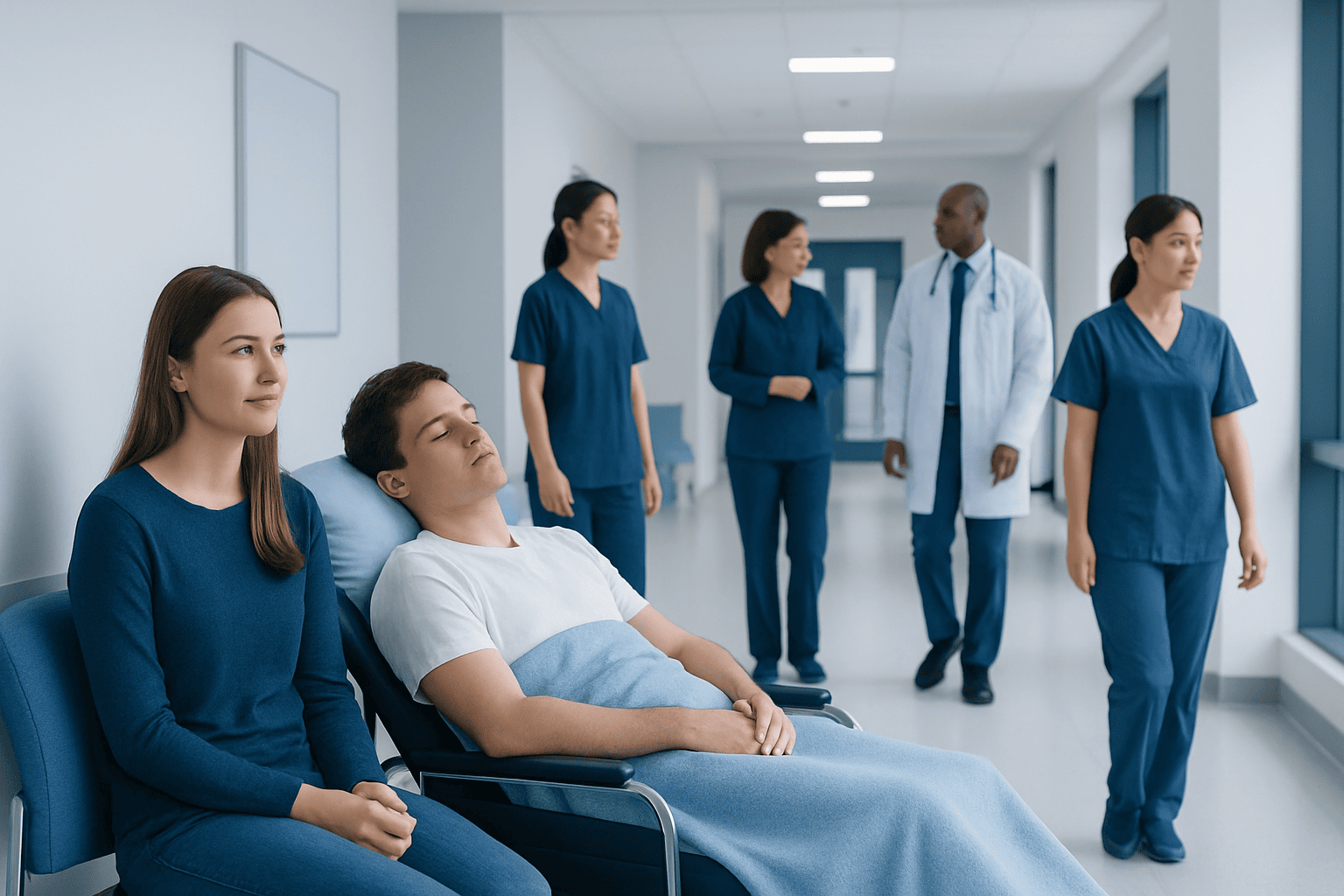 Patients in hospital corridor with medical staff, healthcare setting.