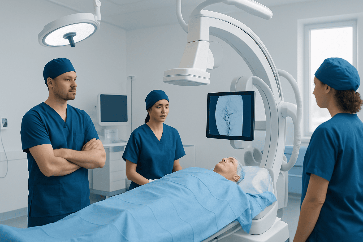 Medical team preparing for neurointerventional procedure in hospital.