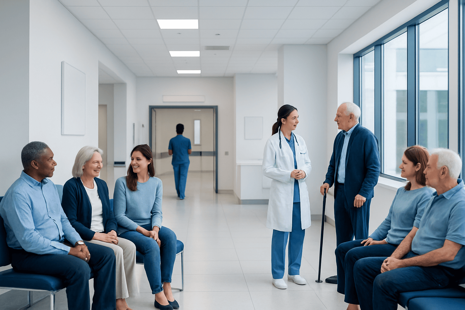 Healthcare professionals and elderly patients in a hospital corridor.