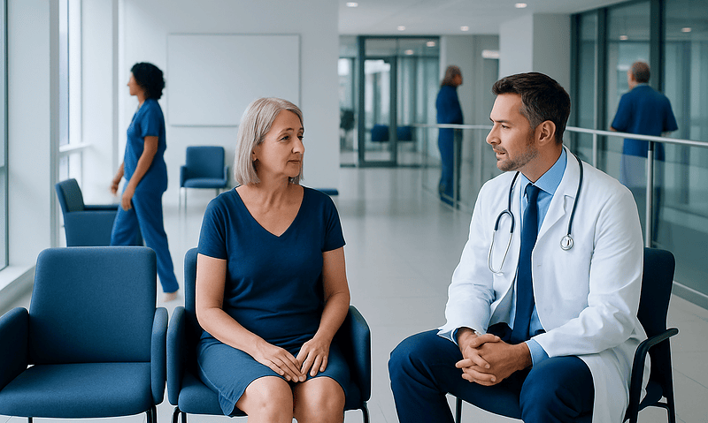 Doctor consulting with a female patient in a modern hospital lobby.