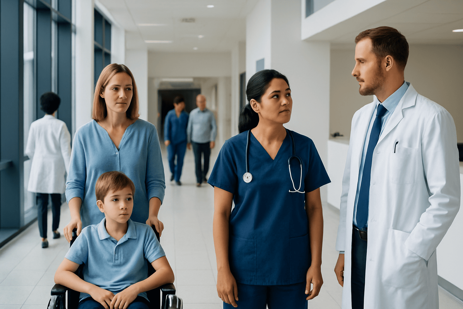 Medical team discussing patient care in hospital corridor.