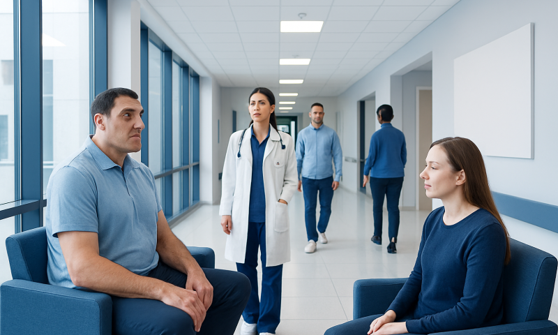 Patients and doctor in a hospital corridor during consultation.
