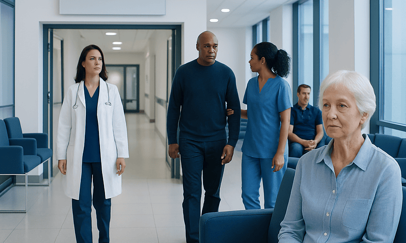 Hospital staff assisting a patient in a modern medical facility.