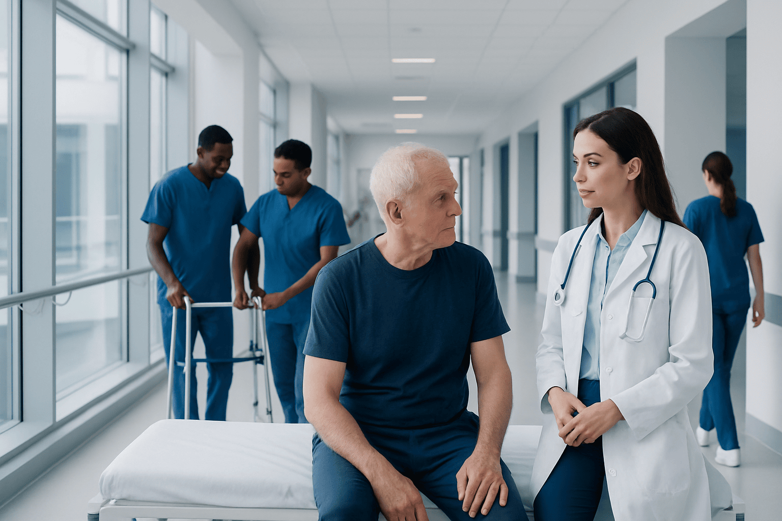 Medical team assisting a patient in a hospital corridor.