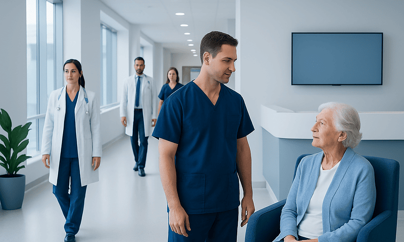 Healthcare professionals and a patient in a modern hospital corridor.