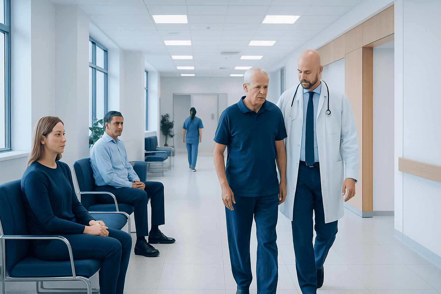 Doctor consulting elderly patient in hospital corridor with waiting patients.
