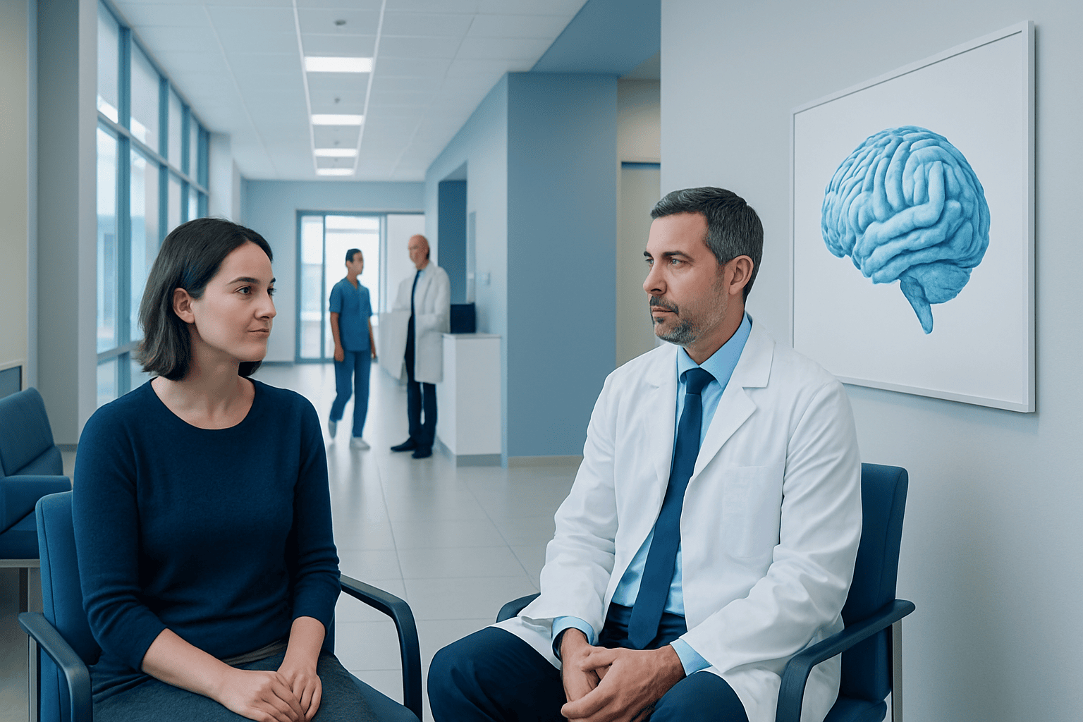 Neuropsychologist consulting a patient in a hospital corridor with brain diagram.