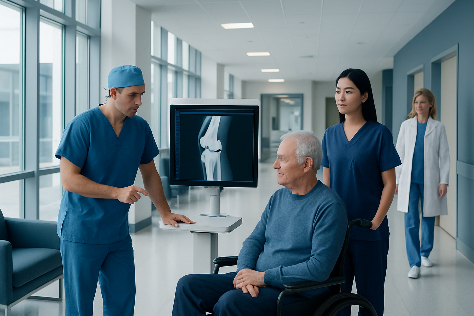 Medical team discusses knee X-ray with elderly patient in hospital corridor.