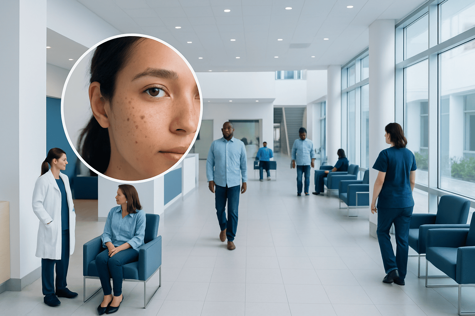 Young woman with dark spots on skin, in a hospital waiting area.