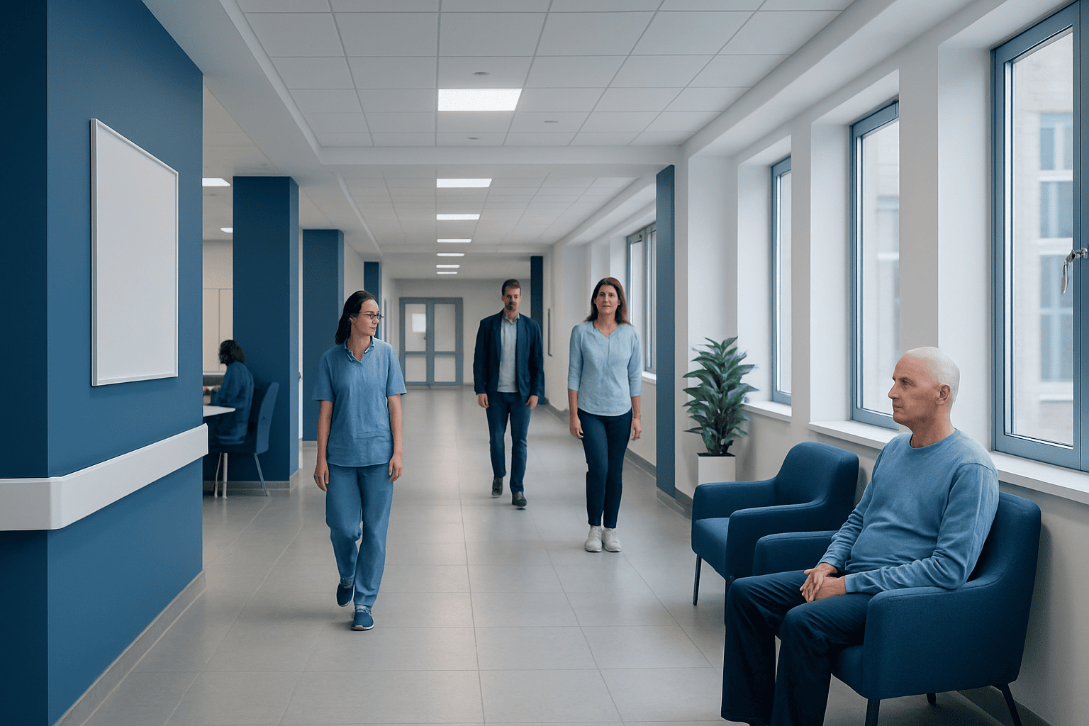 Hospital corridor with medical staff and patient after deep brain stimulation treatment.