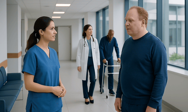 Medical team discussing patient care in hospital corridor.