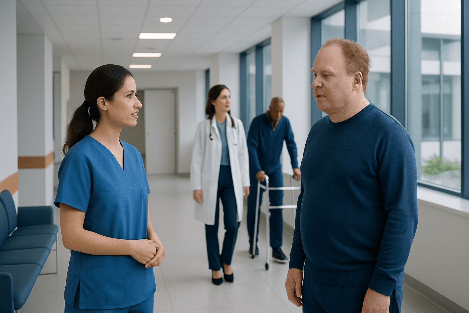 Medical team discussing patient care in hospital corridor.