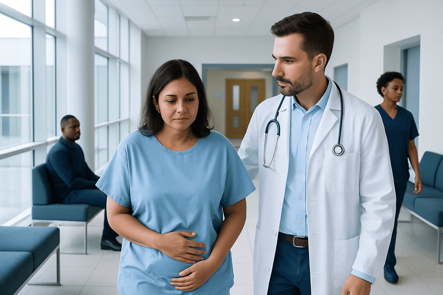 Doctor consulting female patient in hospital corridor.