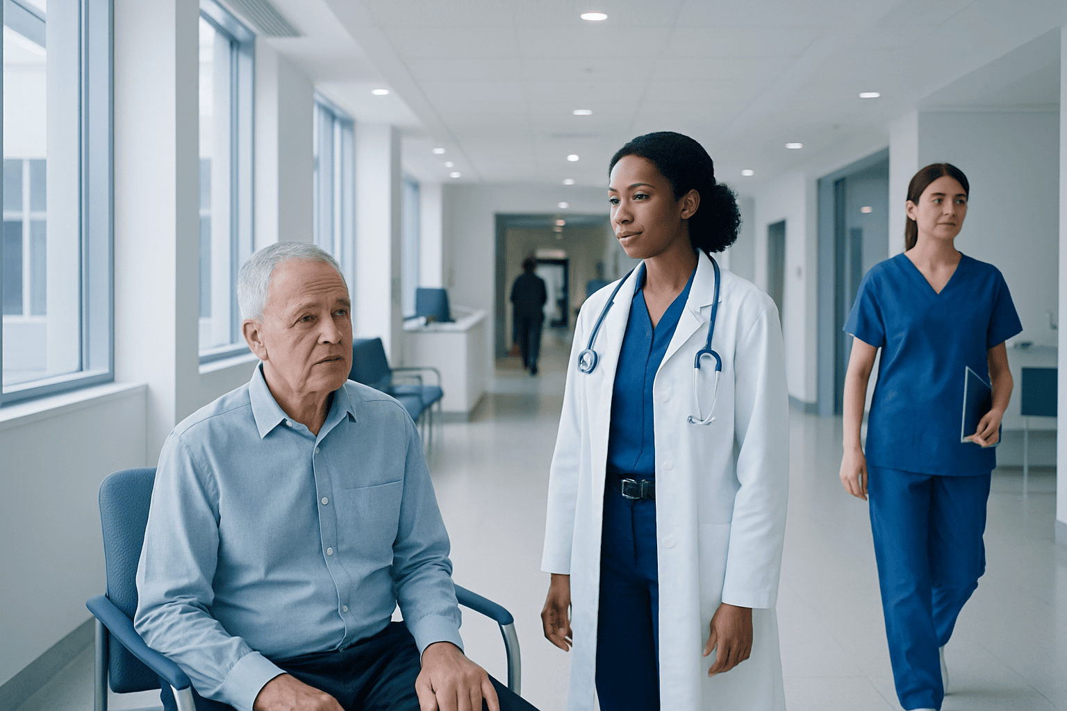Doctor consulting elderly patient in hospital corridor.