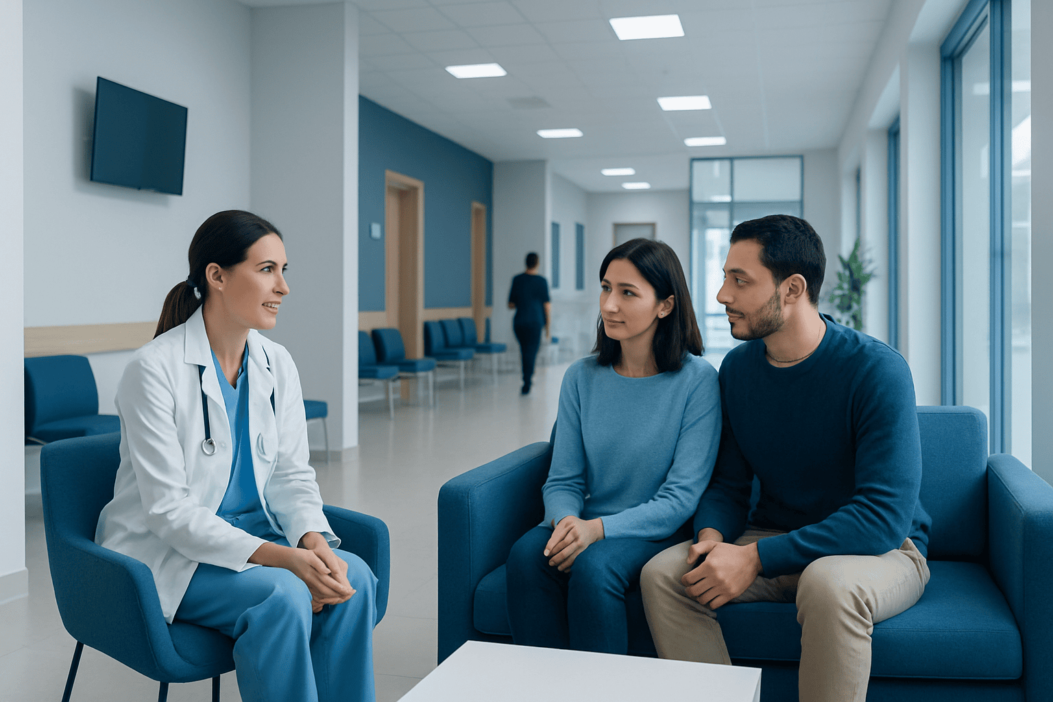 Doctor consulting with a couple in a modern hospital waiting area.