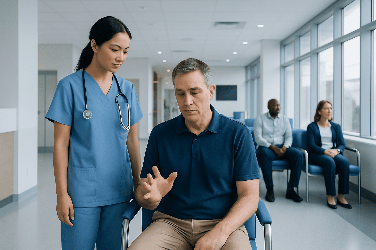 Doctor consulting with a patient in a hospital corridor.