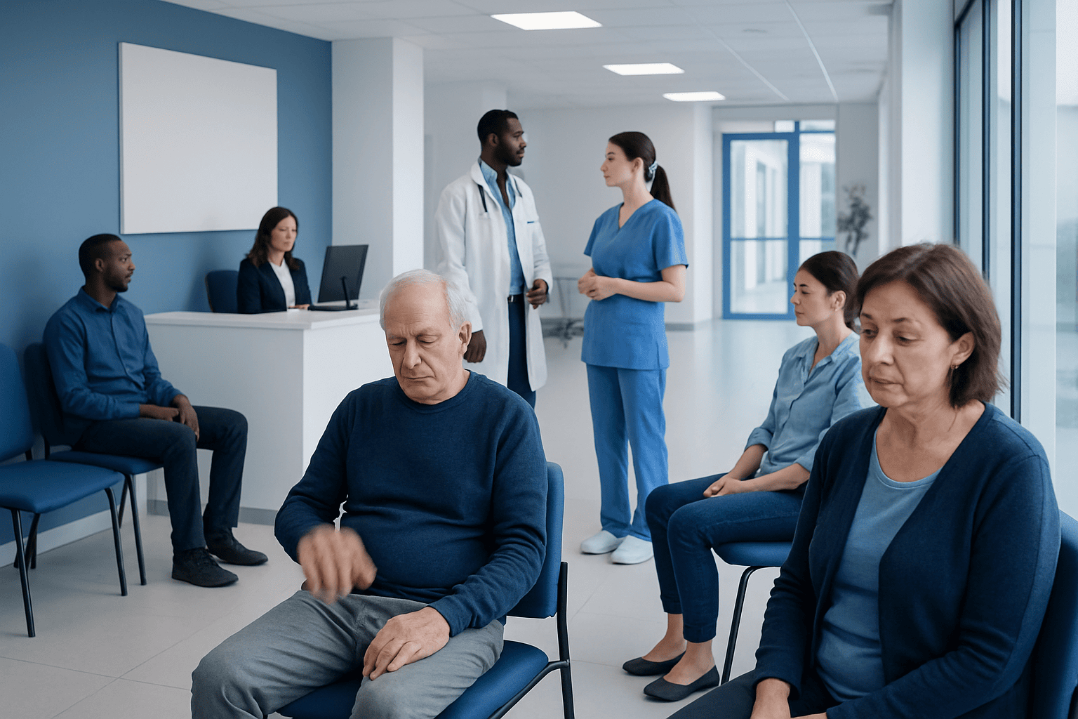 Patients waiting in a medical clinic with healthcare professionals in the background.