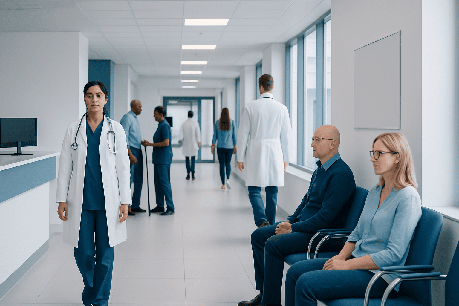Medical staff and patients in a modern hospital corridor.