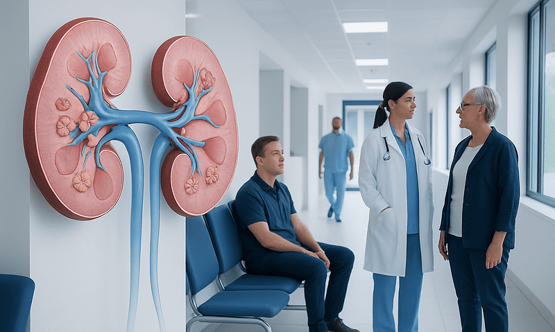 Medical consultation about kidney health with a 3D kidney model in hospital corridor.