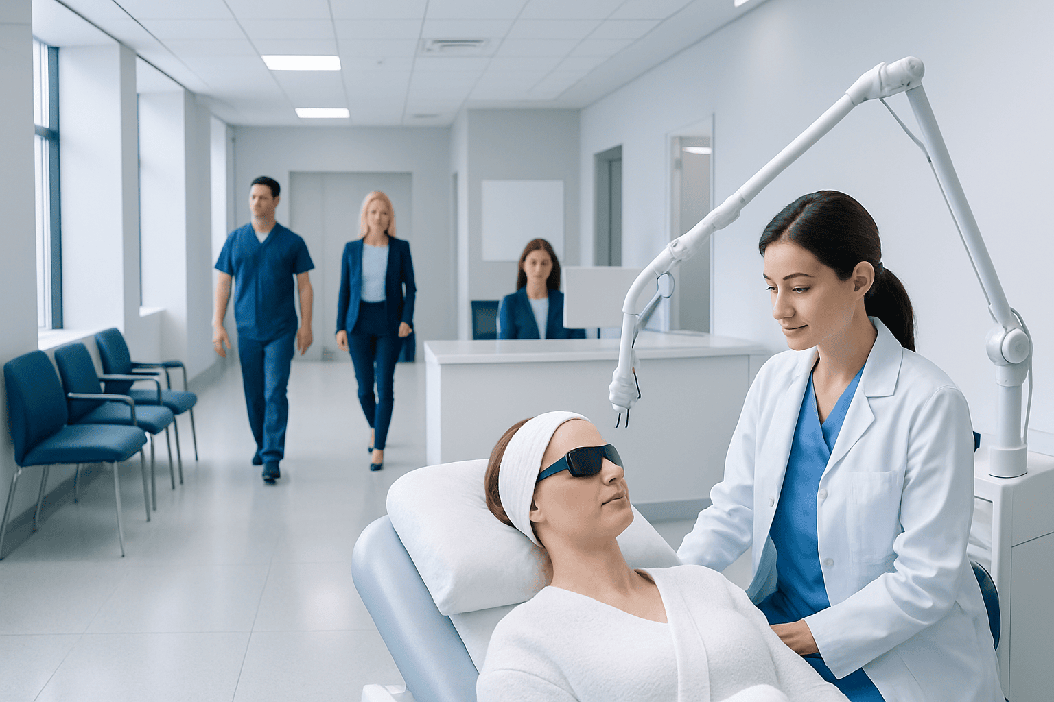 Medical professional performs laser skin treatment on patient in clinic.