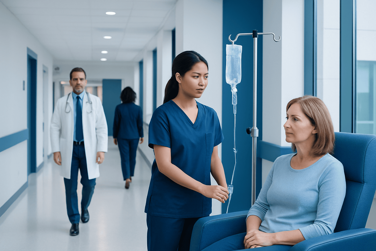 Nurse preparing IV infusion for patient in hospital corridor.