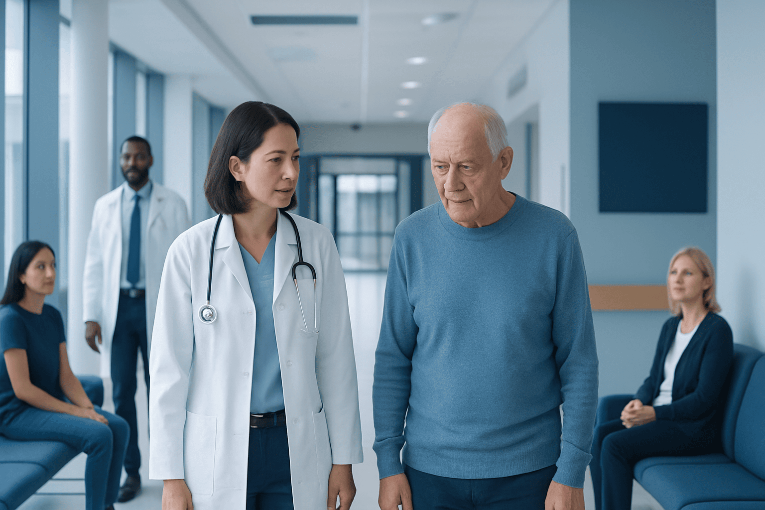 Healthcare professionals consulting with elderly patient in hospital corridor.