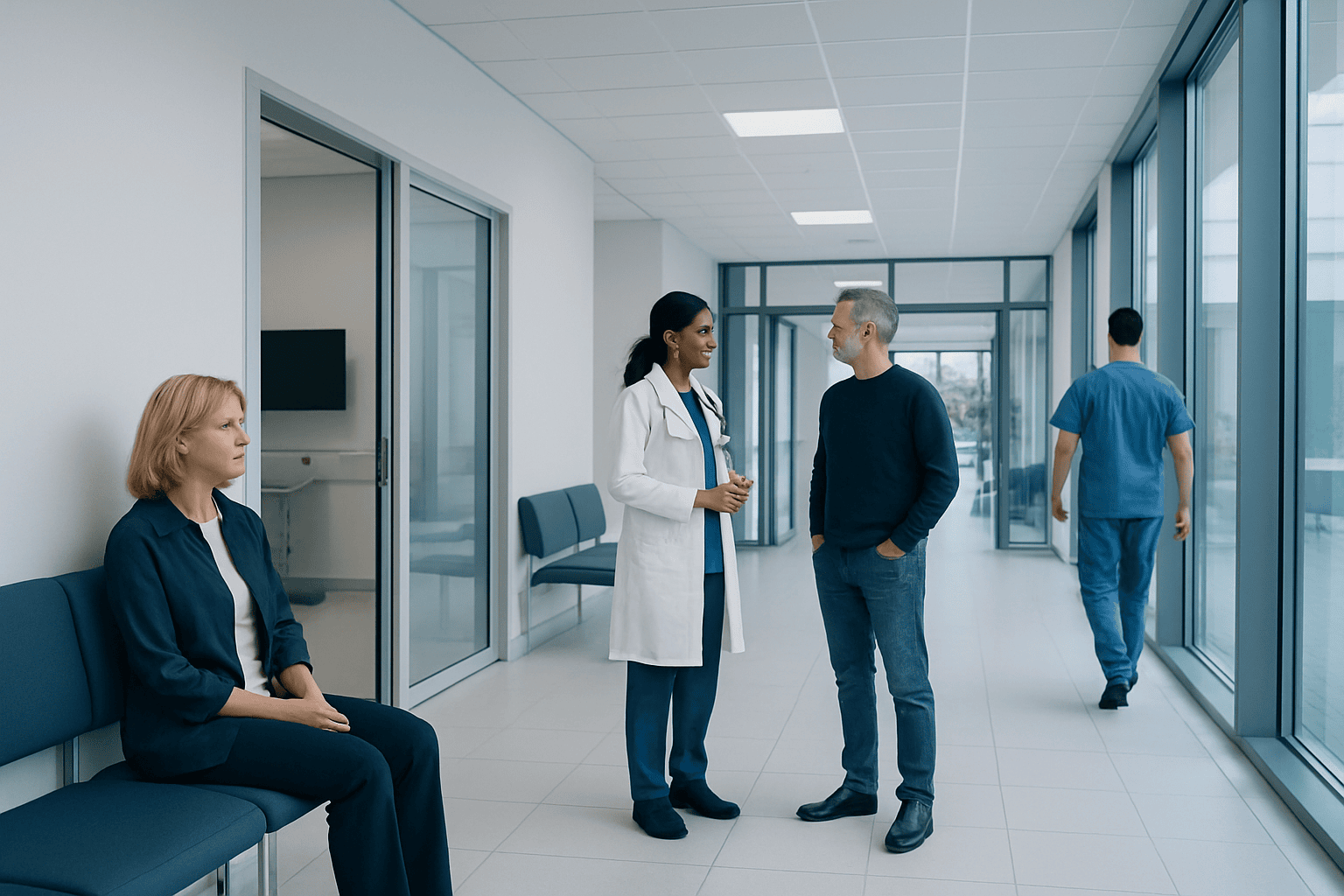 Medical professionals and patient in a hospital corridor at Acibadem Hospitals Group.