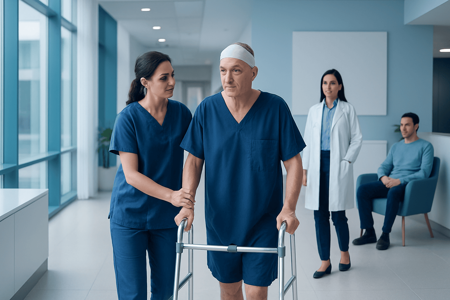 Patient walking with support in hospital corridor with medical staff nearby.