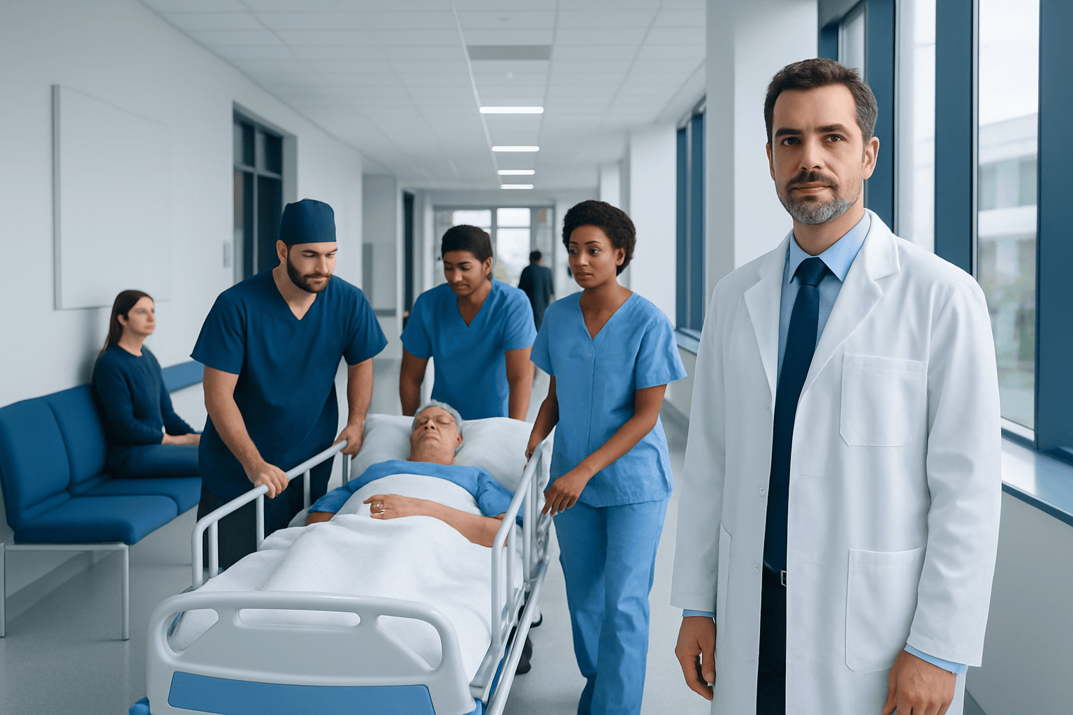 Medical team preparing patient for surgery in hospital corridor.