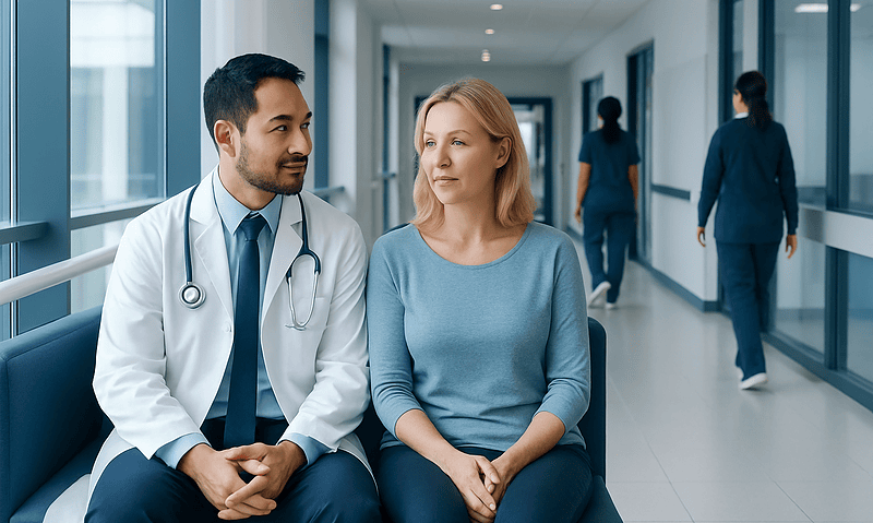 Doctor consulting with a female patient in hospital corridor.