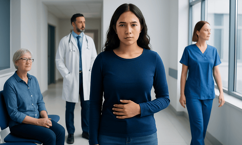 Young woman experiencing abdominal discomfort in a hospital corridor.