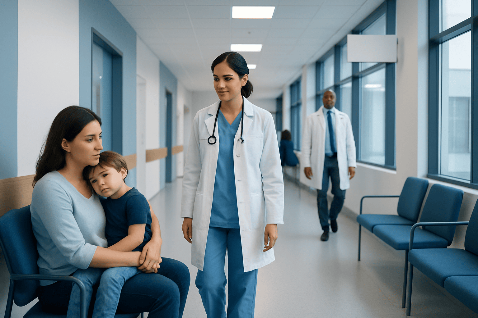 Pediatric patient with mother and doctor in hospital corridor.