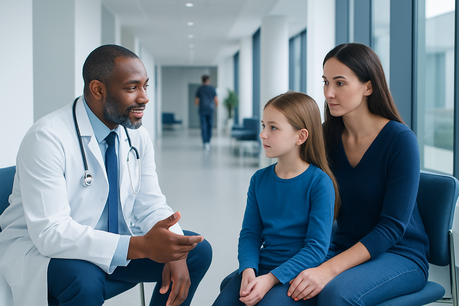 Doctor consulting with young girl and mother in hospital corridor.