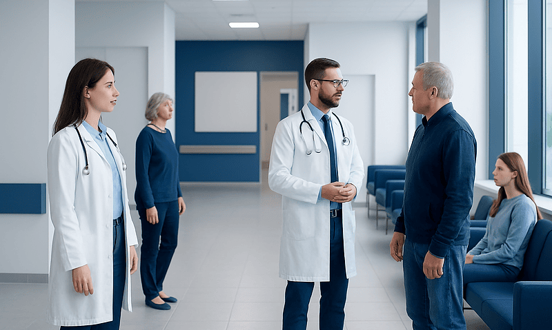 Medical team consulting with patient in hospital corridor.