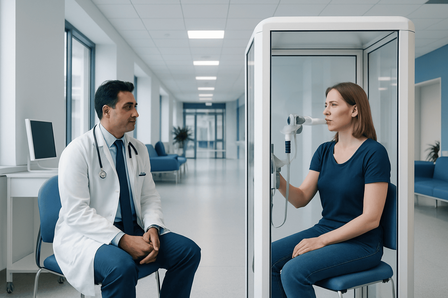 Pulmonary function test being performed in a modern hospital setting.
