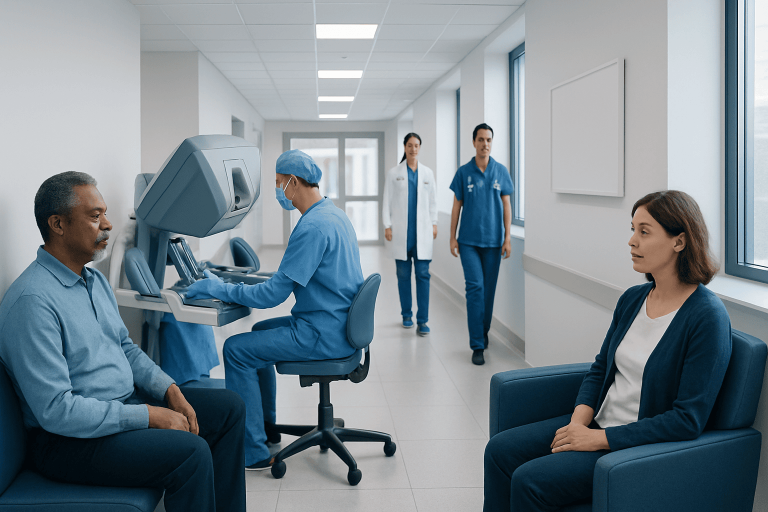 Urologist preparing patient for prostate surgery in hospital corridor.