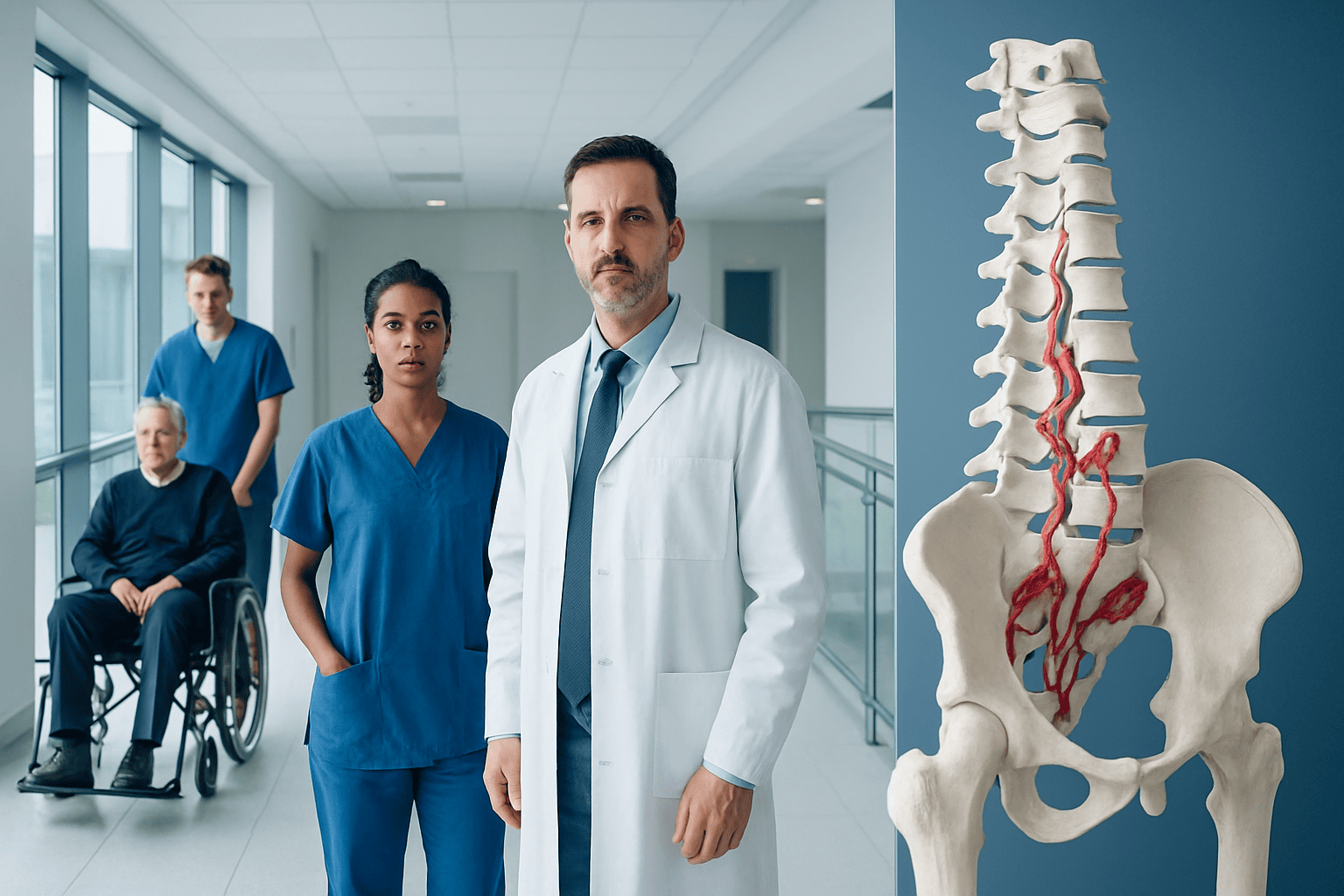Medical team with spinal model in hospital corridor.