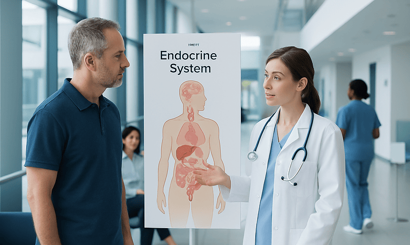 Doctor explaining endocrine system to patient in hospital corridor.