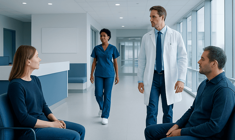 Doctor consulting patients in a hospital corridor with nurse nearby.