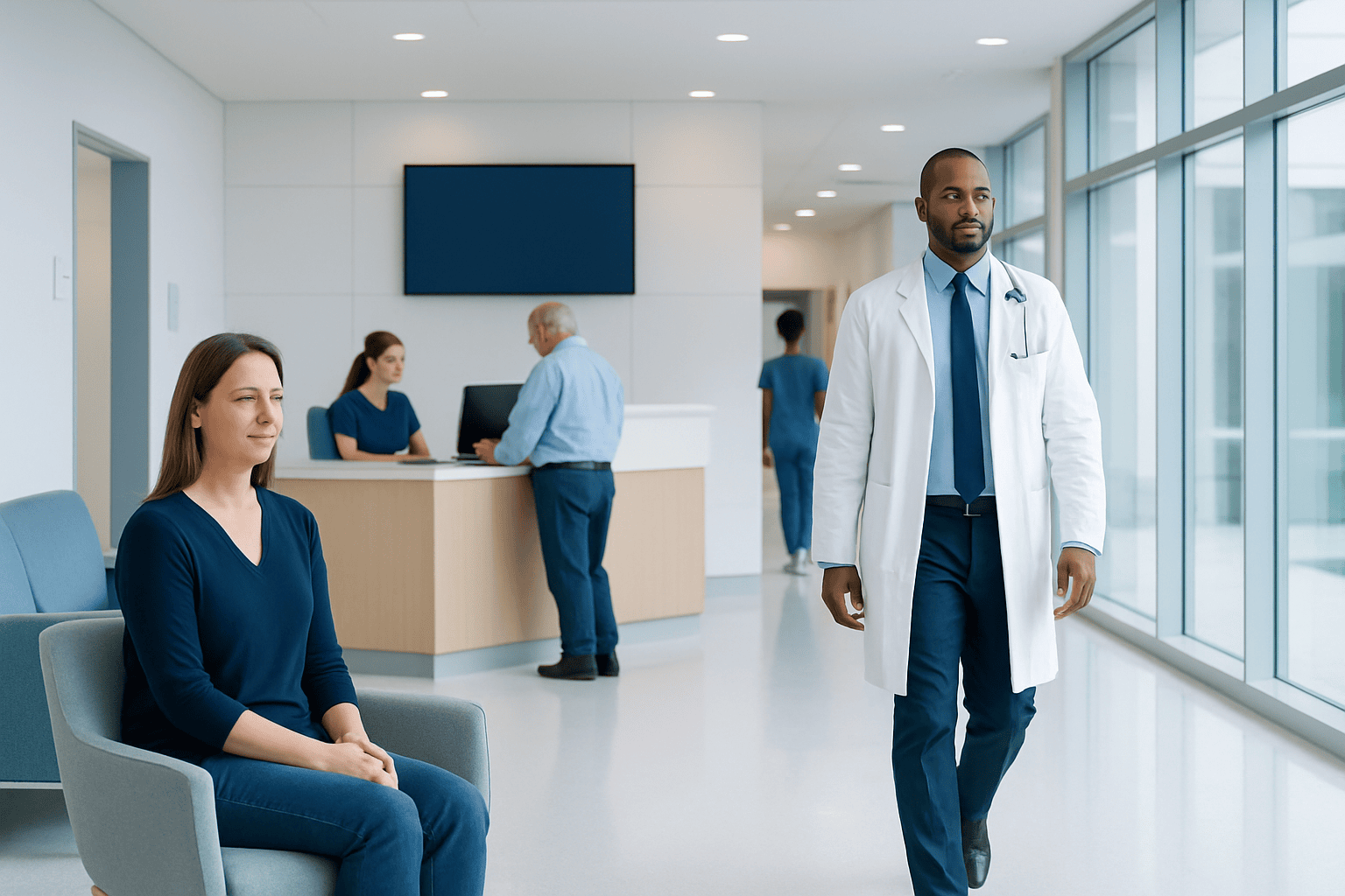 Healthcare professionals and patients in a modern hospital lobby.